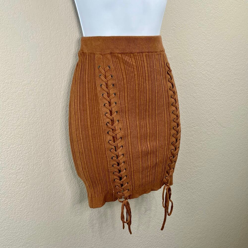 NBD Carden Laced Knit Mini Skirt Camel Brown Ribbed Side Tie Revolve M NWT - Picture 6 of 13